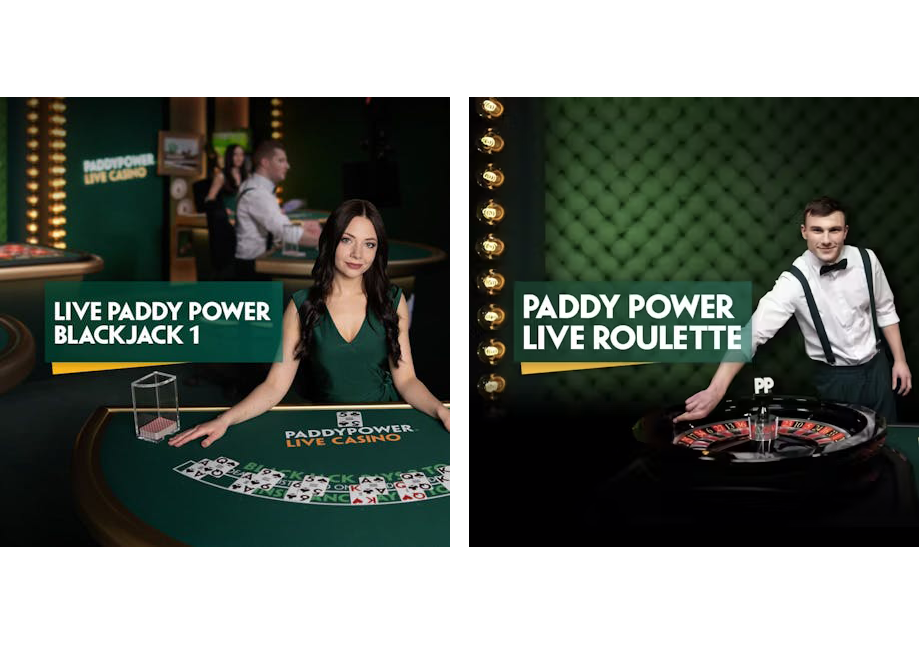Two casino game signs and dealers in a lively casino setting. The left side features a female dealer at a table with poker cards, with a sign reading 'LIVE PADDY POWER BLACKJACK 1.' The right side shows a male dealer at a roulette table with a sign reading 'PADDY POWER LIVE ROULETTE,' with a green padded wall background.