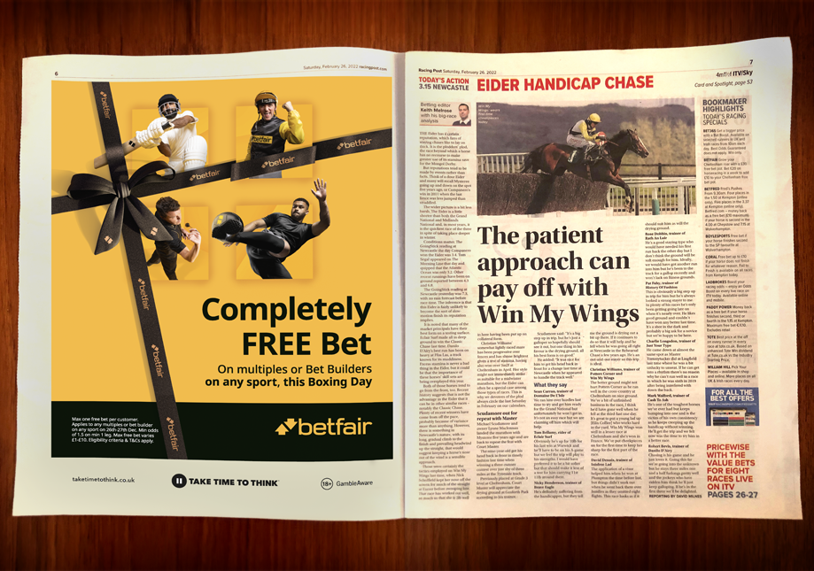 A two-page newspaper spread with an advertisement on the left and a horse racing article on the right. The advertisement features four athletes and promotes free betting with Betfair. The horse racing article is titled "Eider Handicap Chase" with a picture of a jockey riding a horse.