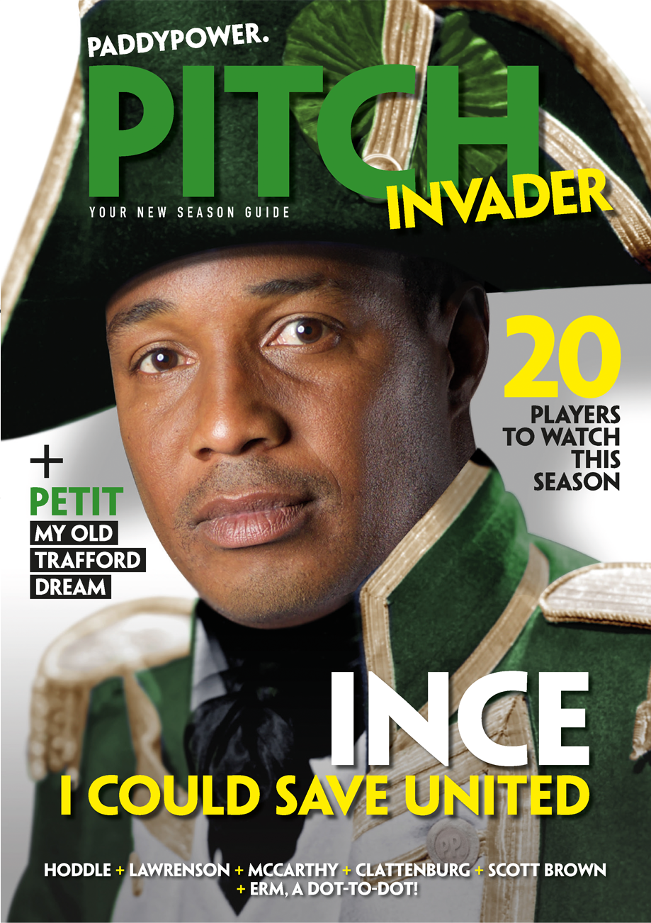 Close-up of a man wearing a green ceremonial hat and uniform, resembling a traditional military or sports figure, on a magazine cover titled 'PITCH INVADER' with headlines about soccer players and a story involving David Moyes.