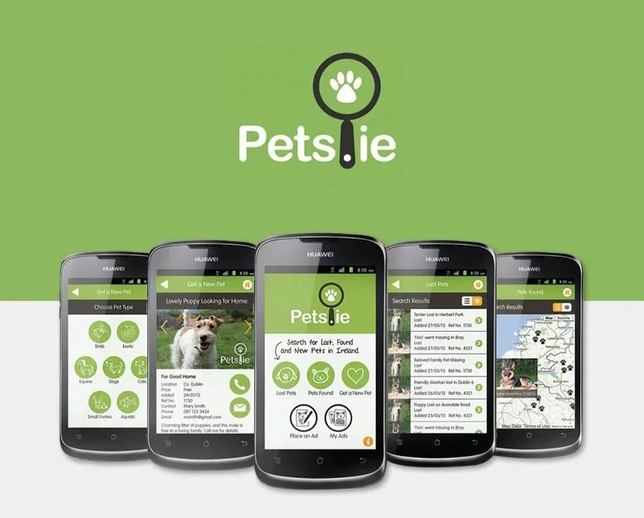 Smartphones displaying the Pets.ie app interface, showing features like finding and reporting lost pets, pet profiles, and maps for lost and found pets.