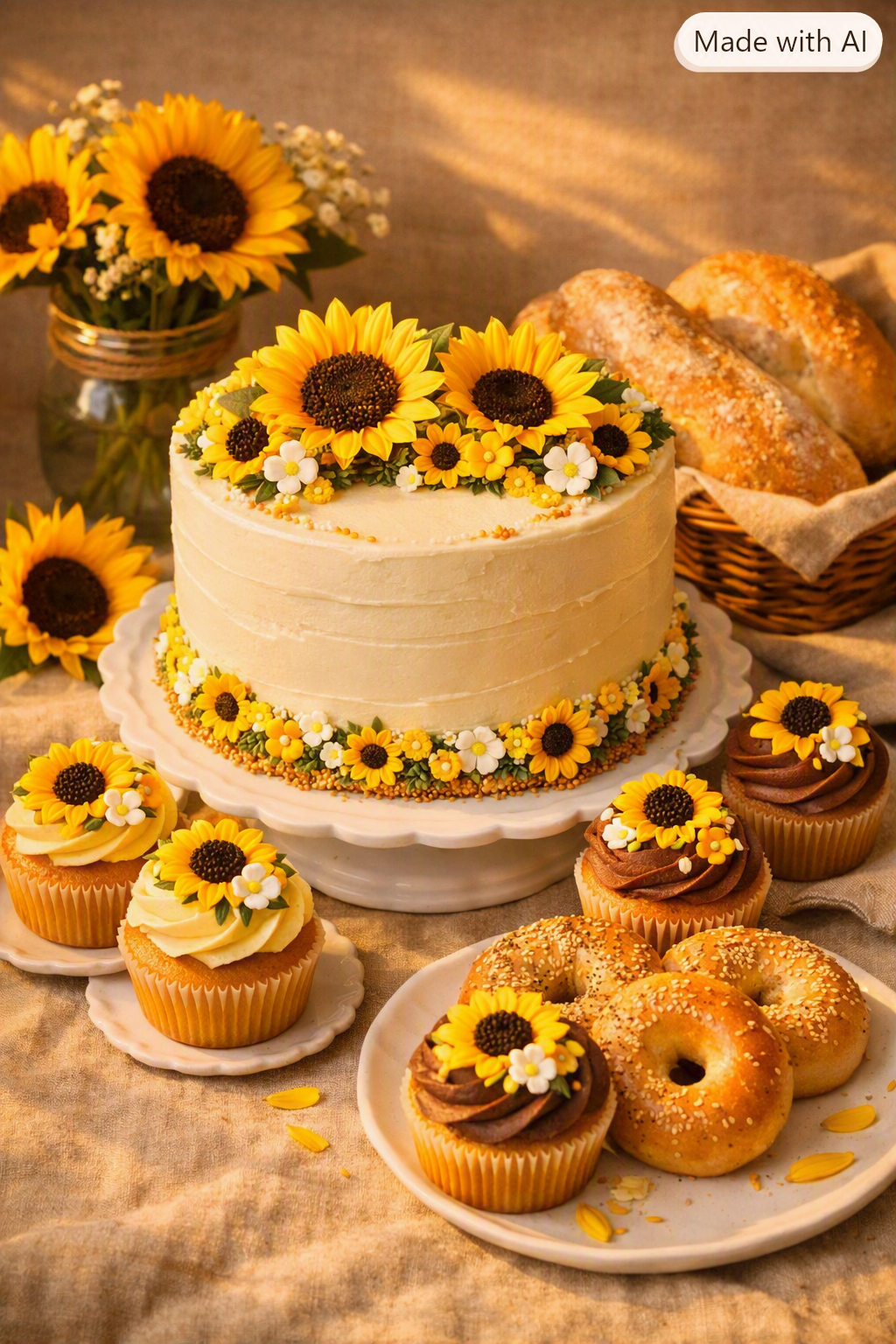 A birthday cake decorated with sunflowers and white flowers, surrounded by cupcakes and bagels on a table with sunflower-themed decorations.