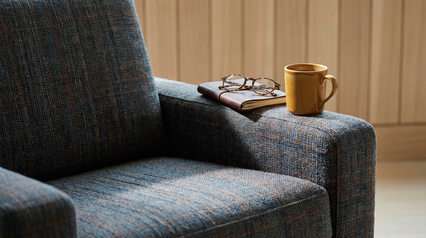 Close-up of a plaid upholstered armchair with a coffee mug, glasses, and a closed notebook on the armrest.