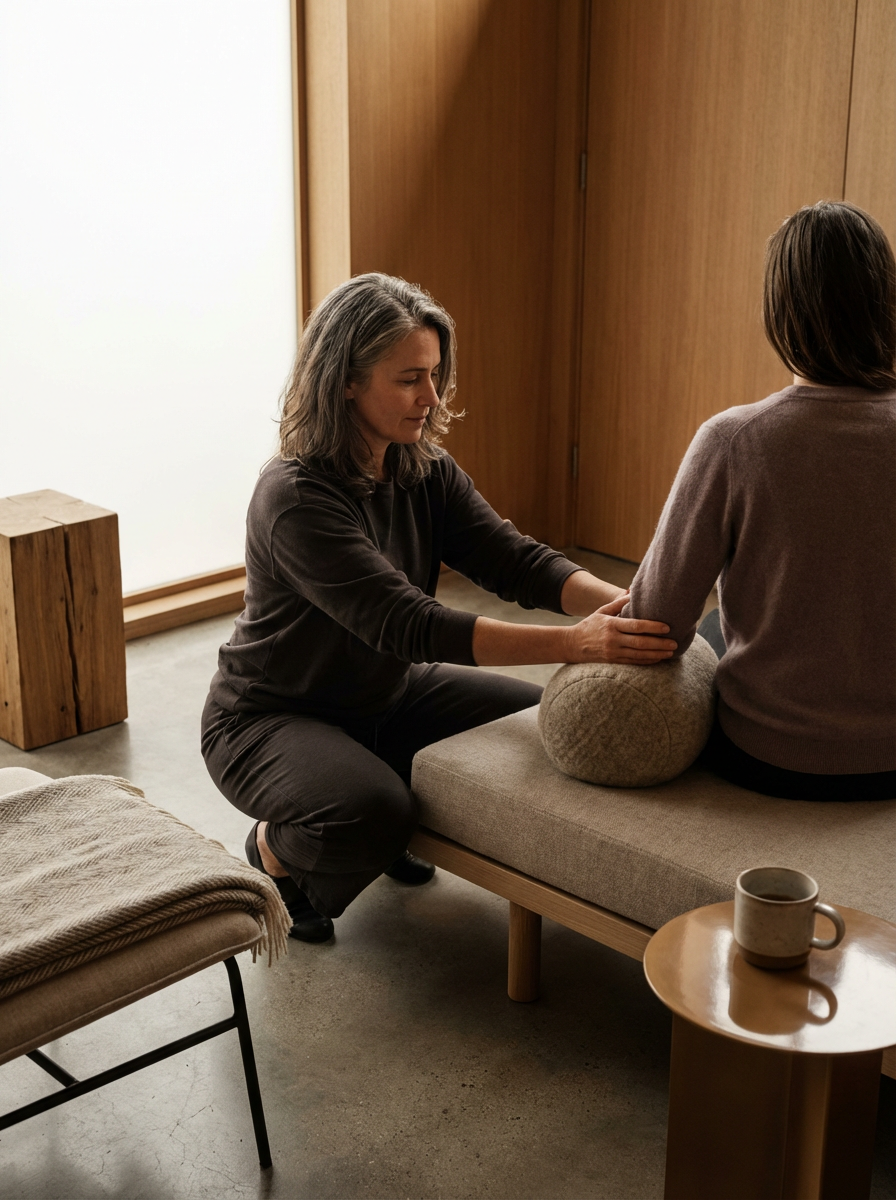 A woman providing therapy or support to another woman seated on a bench, with a therapist-like posture and gentle touch.