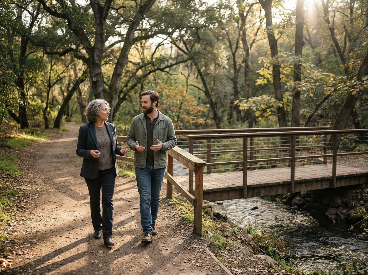Two people walking and talking on a trail in a forest with sunlight peeking through trees, a wooden bridge crossing a small creek nearby.