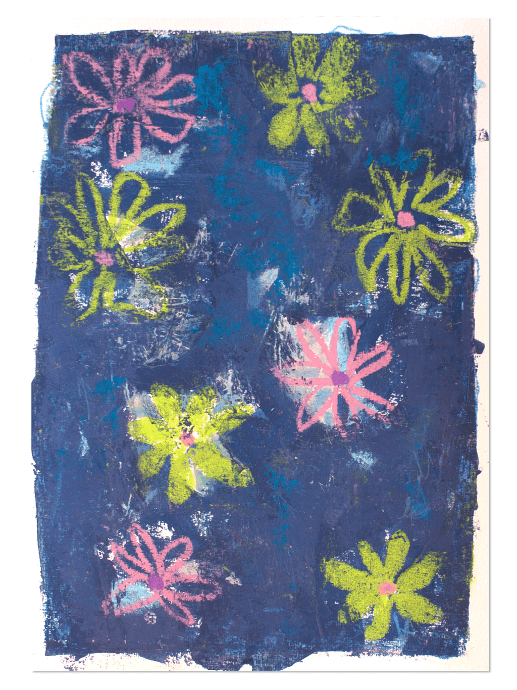 Häkeltraum eines blauen Papiers mit bunten zarten Blumenmustern in Pink und Grün.