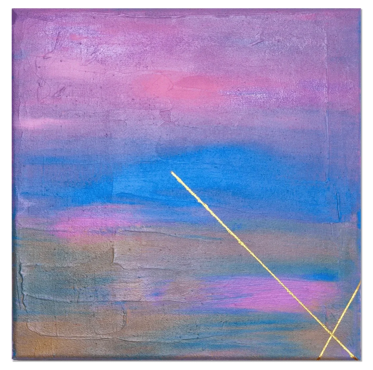 Abstraktes Gemälde mit Pastellfarben in Blau, Lila und Pink, mit einer diagonalen goldenen Linie.