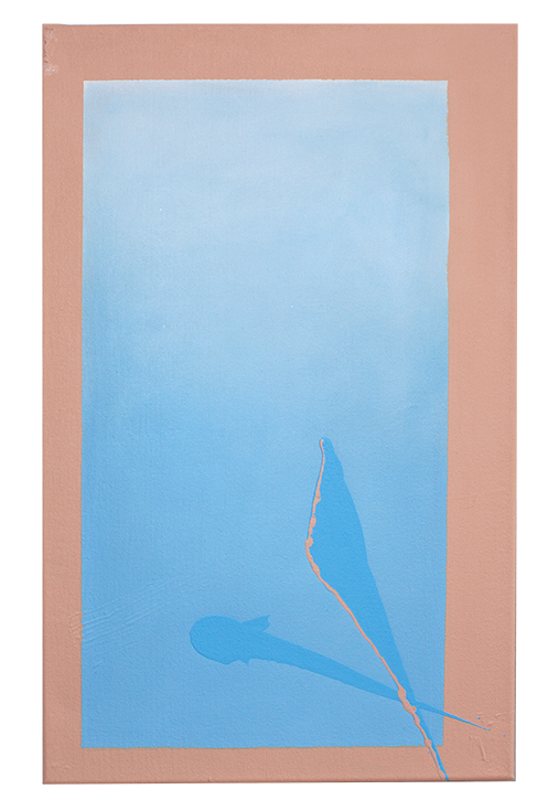 Graffiti an einer rosa Wand mit einer blauen Fläche, die eine abstrakte Muschel und ein schräges, rotes Linienmuster darstellt.