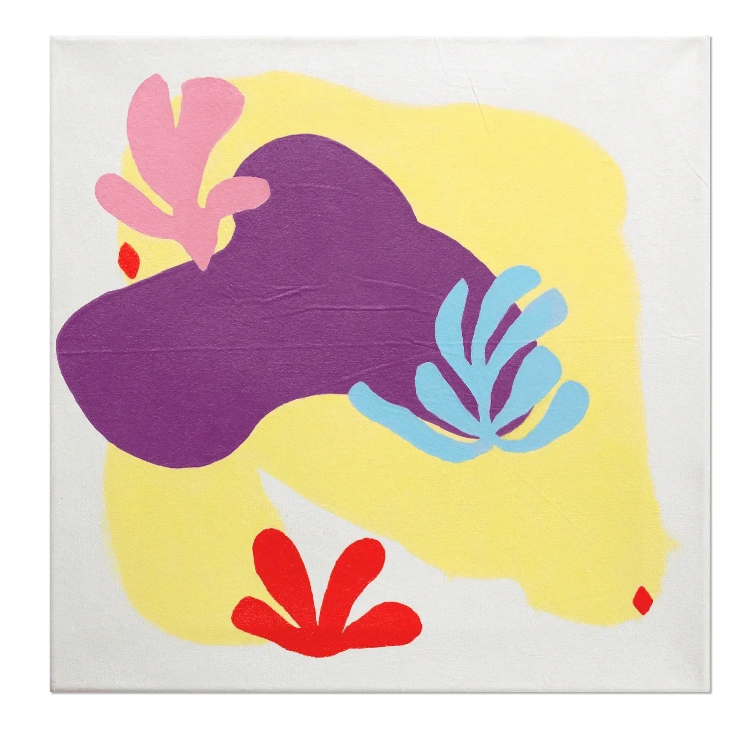 Abstraktes Gemälde mit bunten Blumen in Pink, Blau, Rot auf gelbem und weißem Hintergrund.
