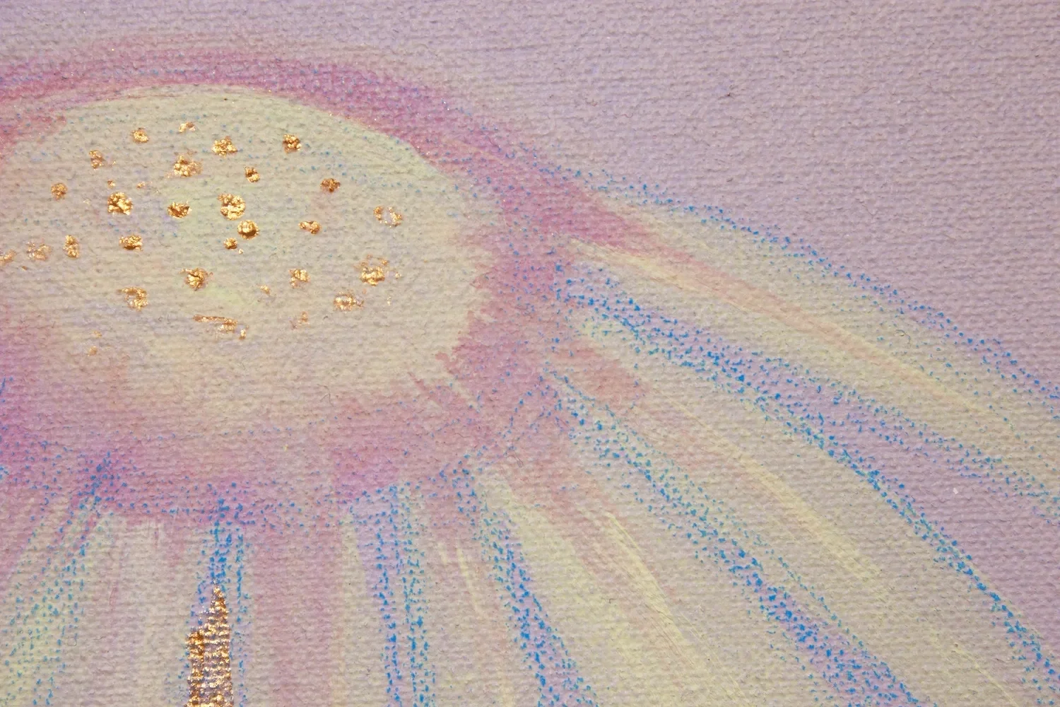 A pastel-colored painting of a jellyfish with pink, yellow, and blue hues, featuring golden accents on its bell.