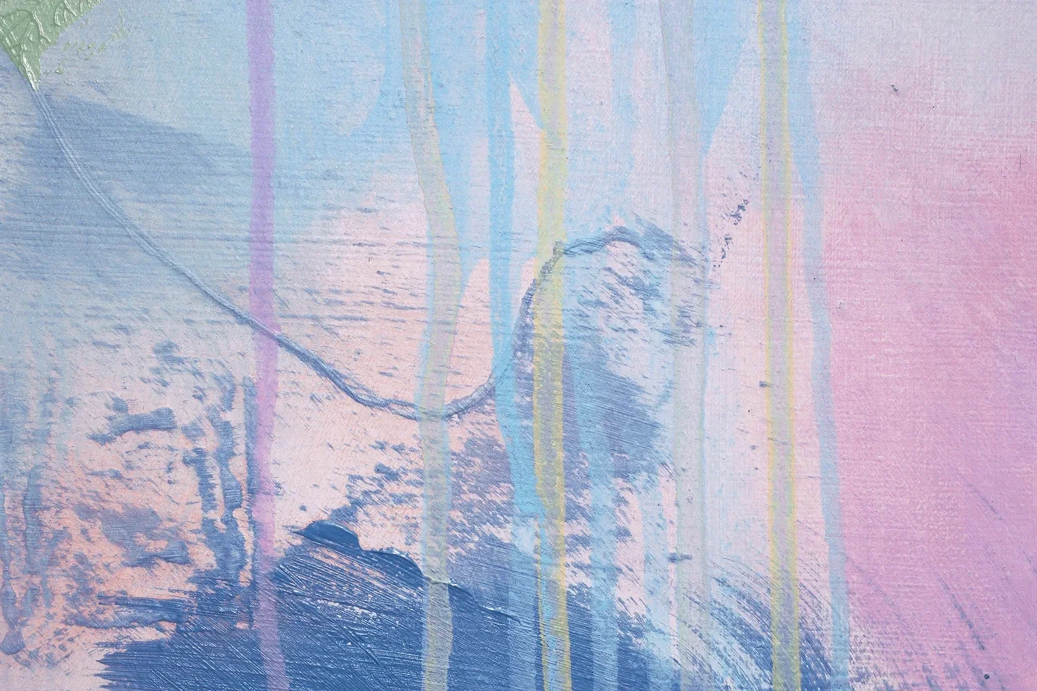Abstrakte, farbige Kunst mit pastellfarbenen Linien und Texturen, hauptsächlich in Blau, Pink und Gelb.