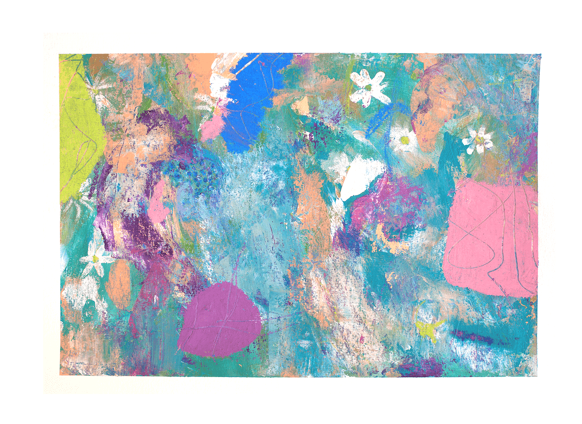Abstraktes Gemälde mit bunten Farben, weißen Blumen und Blättern im Hintergrund.