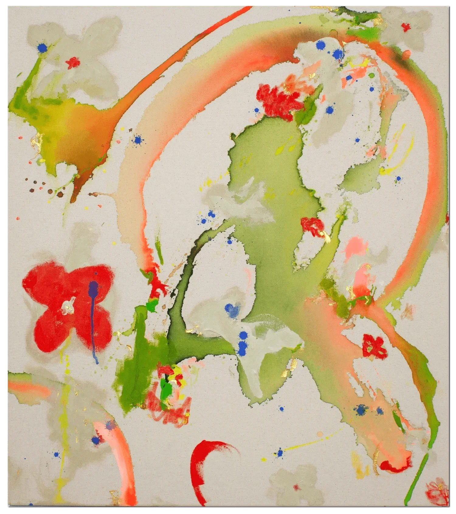 Abstraktes Wasserfarbenbild mit roten, grünen, orangenen und blauen Flecken sowie Goldakzenten, das an Blumen und Natur erinnert