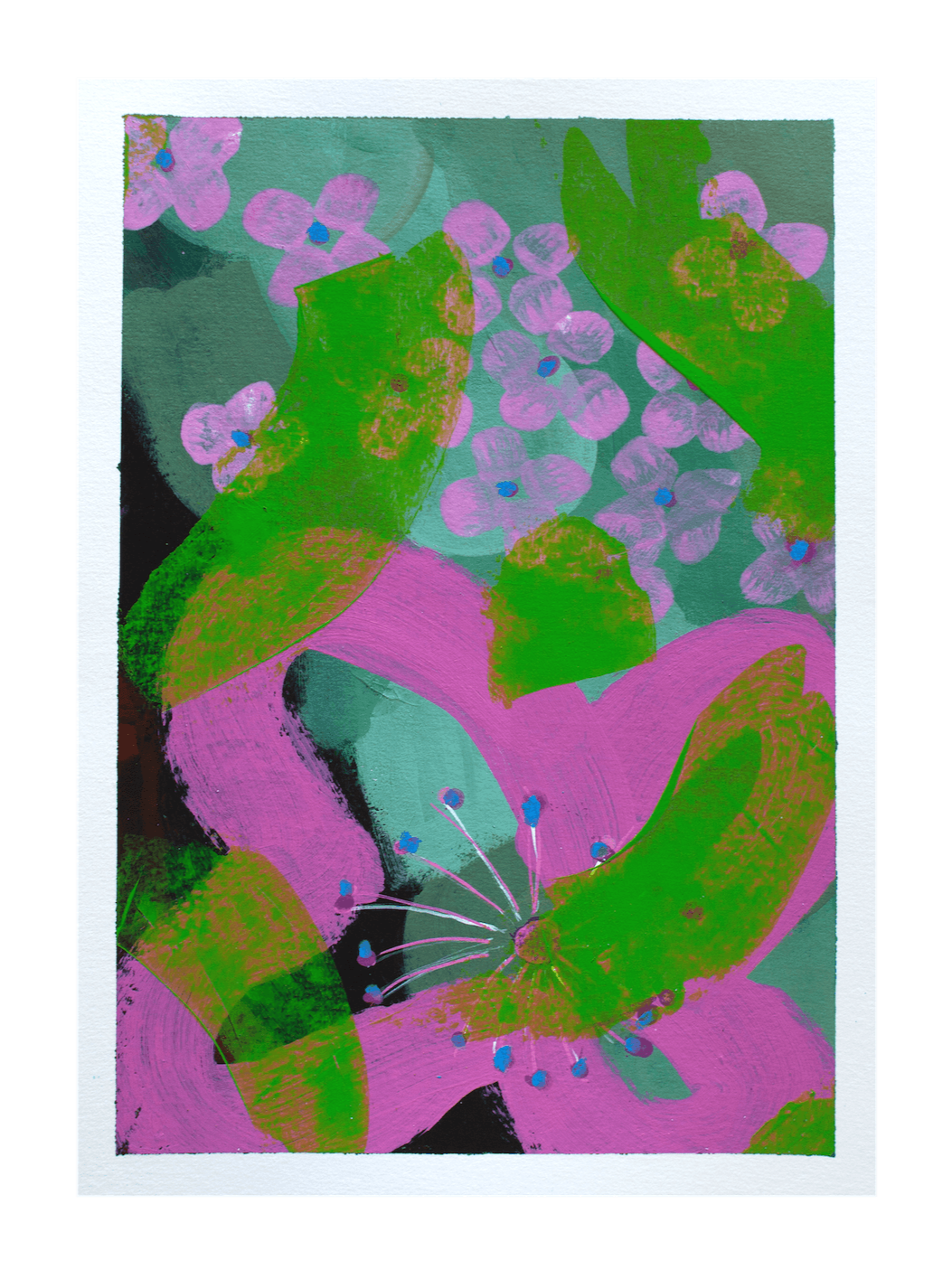 Mehrfarbige abstrakte Illustration mit pinken Blumen, grünen Blättern und blauen Blütenstempeln.