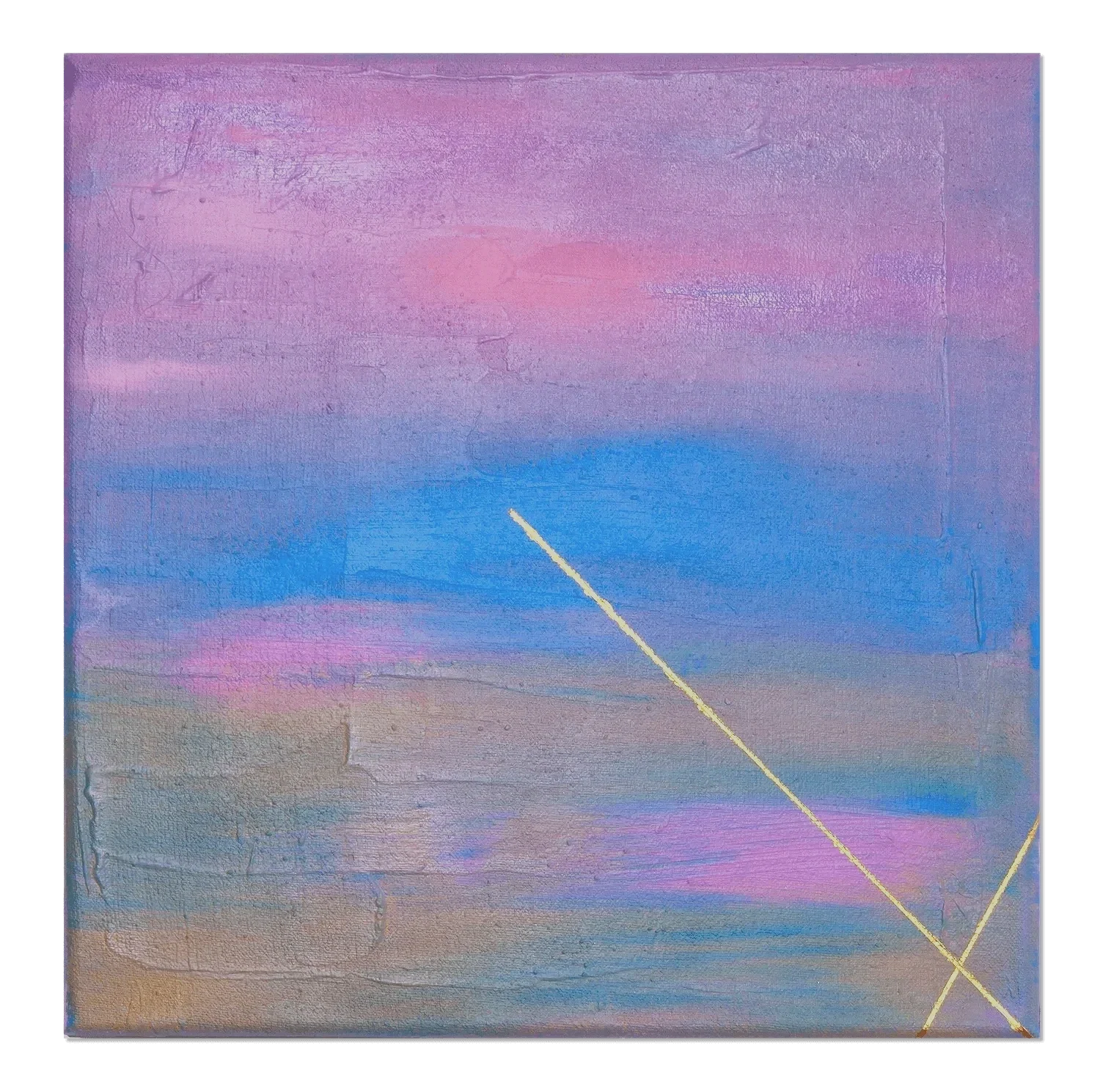 Ein Wandbild mit pastellfarbenen Himmel- und Wasserfarben in Blau, Lila und Rosa, ergänzt durch eine diagonale gelbe Linie.