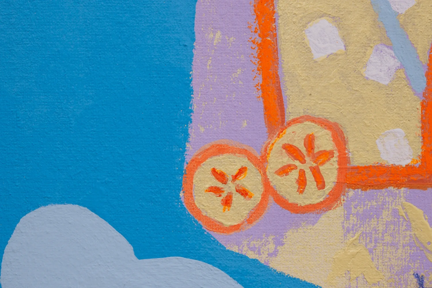 A colorful abstract painting with slices of citrus fruits, a blue section, and textured brush strokes.