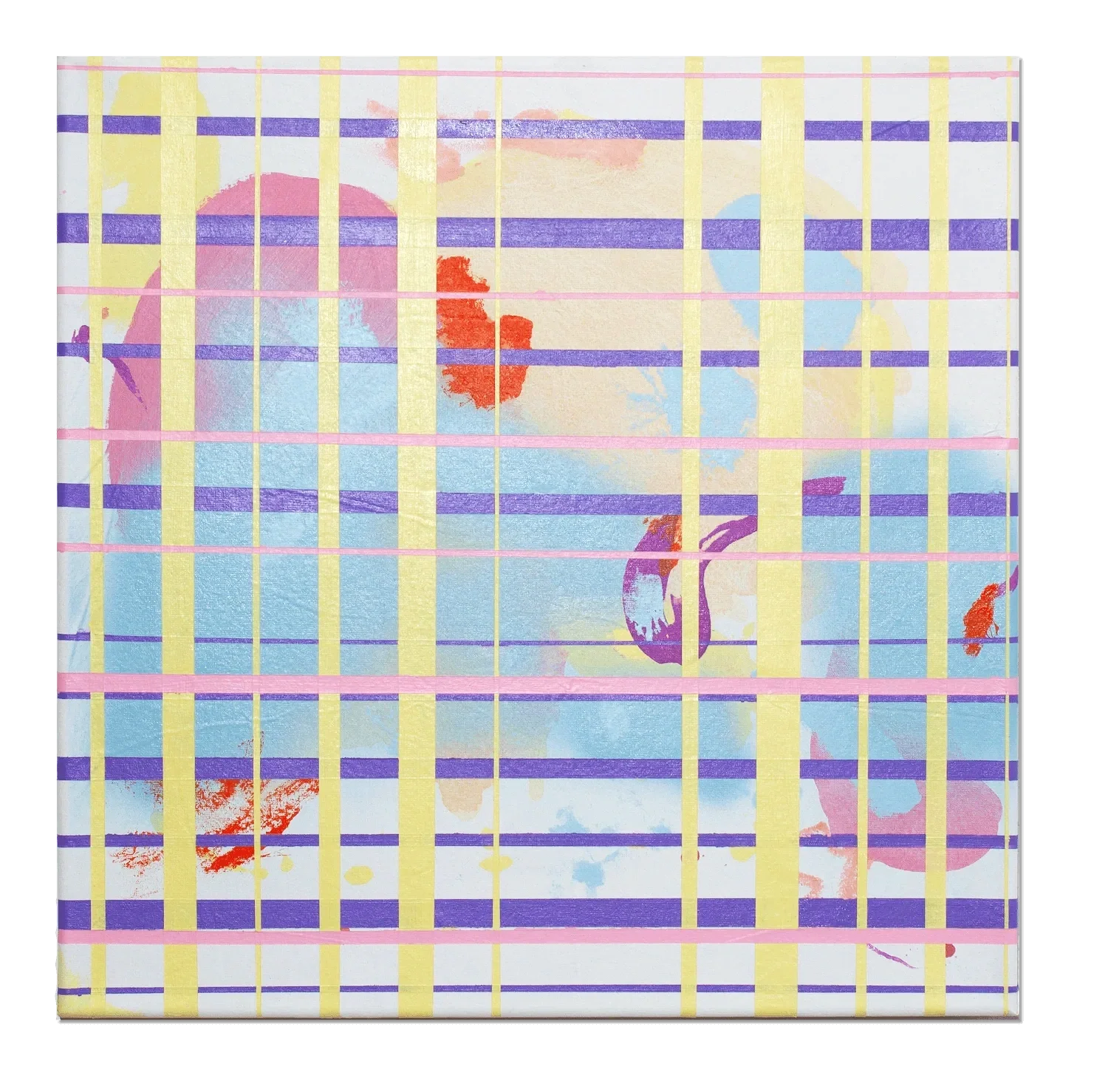 Das Bild zeigt eine abstrakte Kunstcollage mit Pastellfarben, darunter Blau, Rosa, Gelb und Orange, überlagert von einem Mustern aus gelben und lila Linien, die ein Gitter bilden.