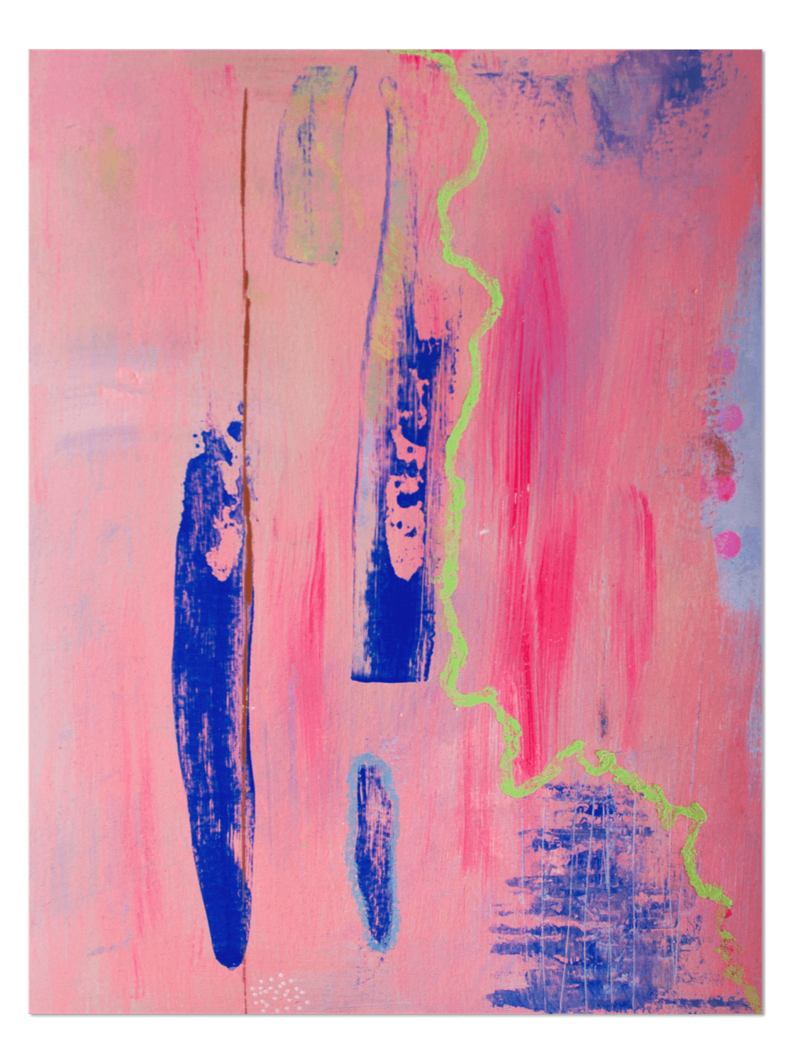 Abstraktes Kunstwerk mit pinkem Hintergrund, blauen, grünen und violetten Akzenten, Linien und Texturen.