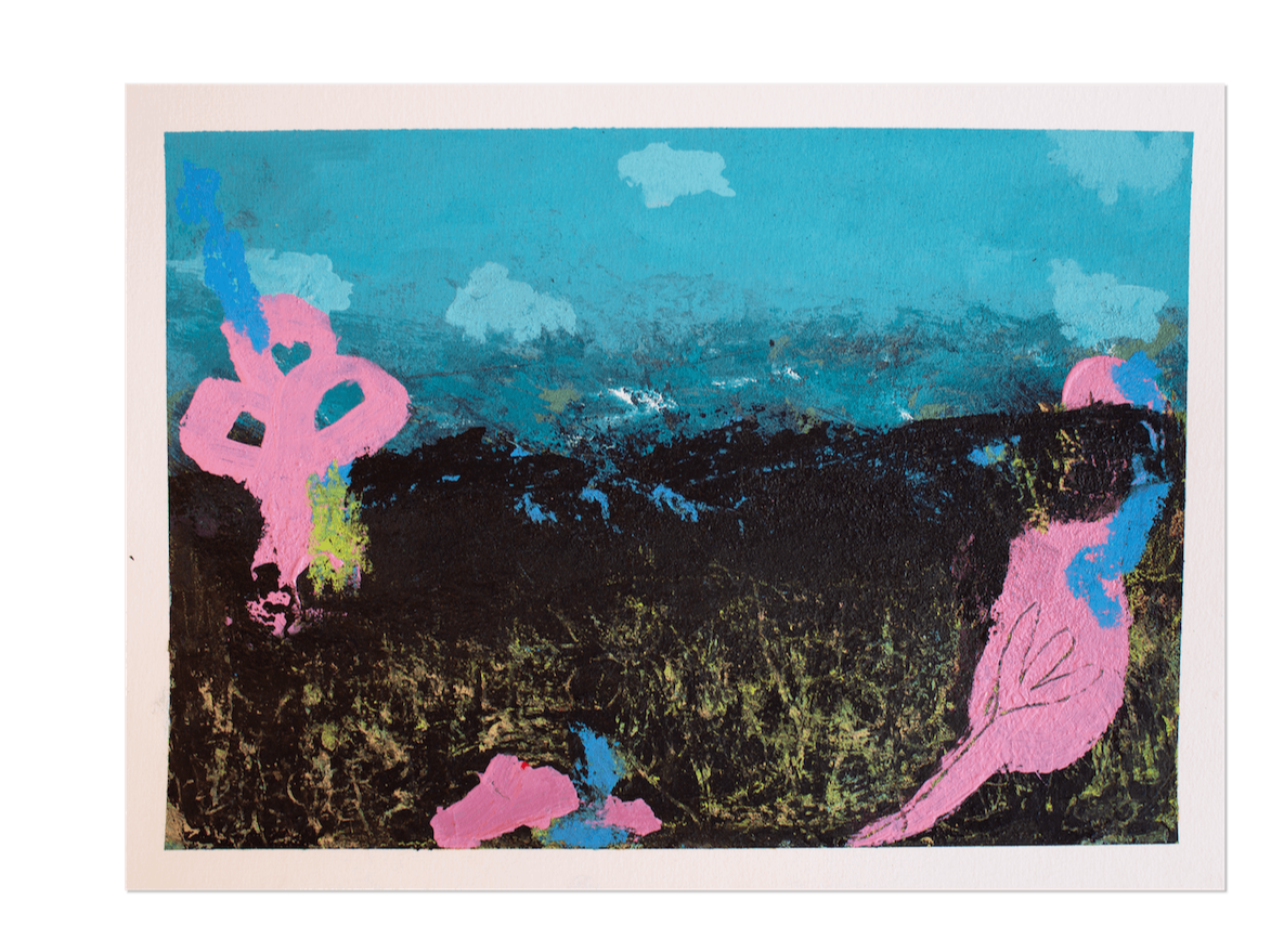 Abstraktes Bild mit schwarzen, blauen und grünen Farben im Hintergrund, mit pinkfarbenen und blauen Formen, darunter ein Vogel und eine Pflanze, sowie Himmel mit Wolken.