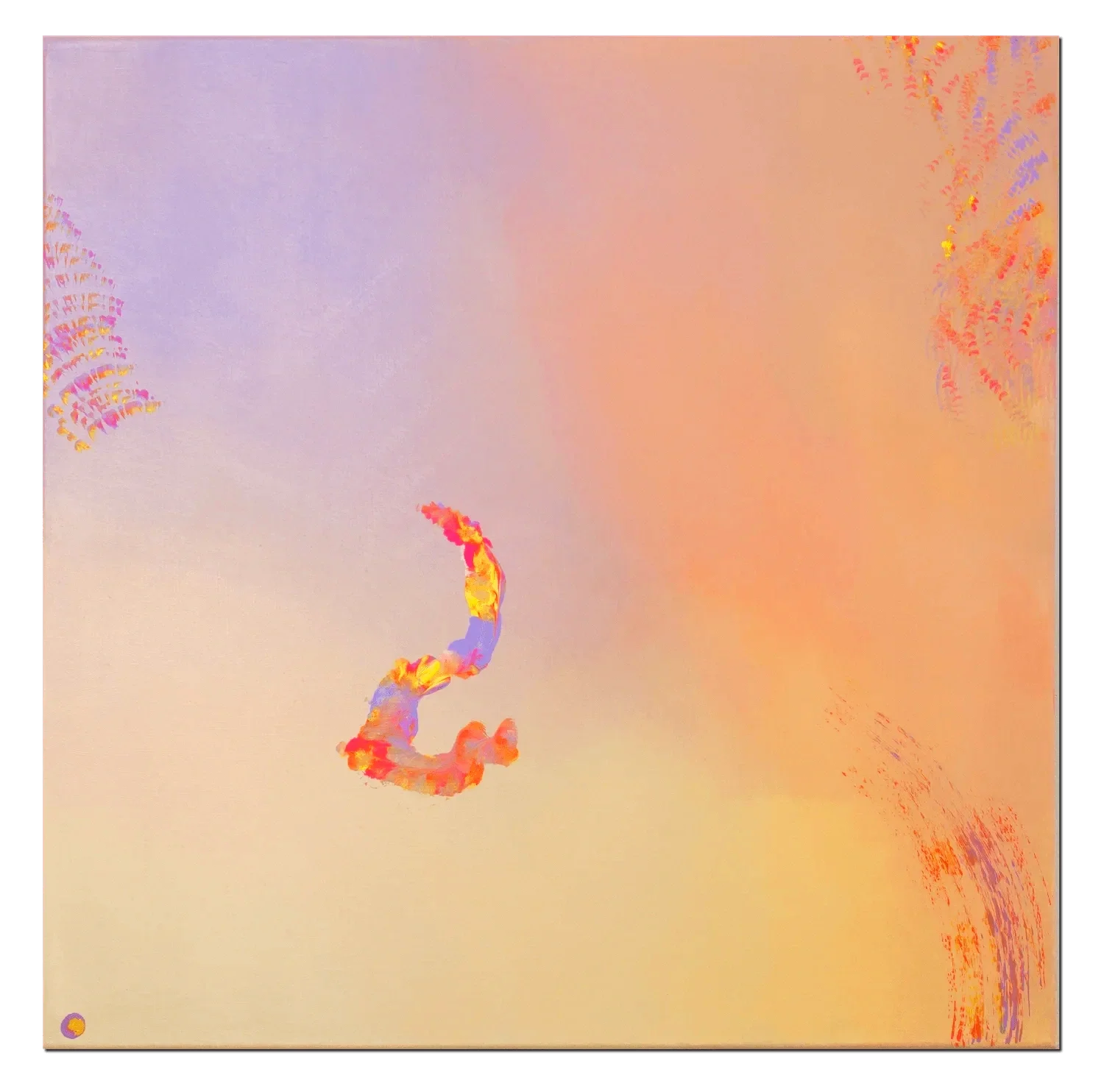 Abstraktes Kunstwerk mit pastellfarbenem Himmel, eine kleine Frühlingsrolle, die in der Mitte schwebt, und dezente Blumenmuster in den Ecken.
