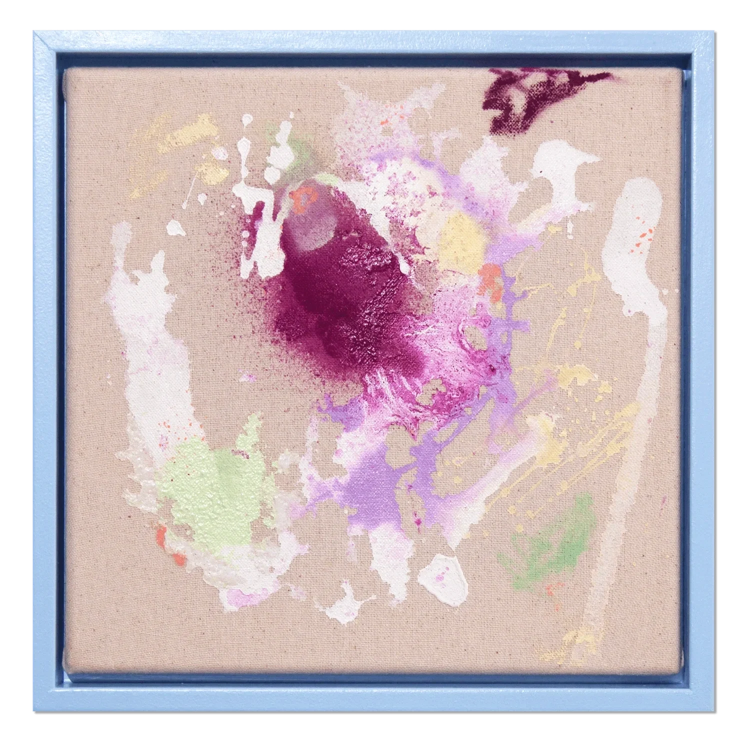 Aquarellkunstwerk mit abstrakten Farbklecksen in violett, pink, gelb, grün und beige, in einem weißen Rahmen.