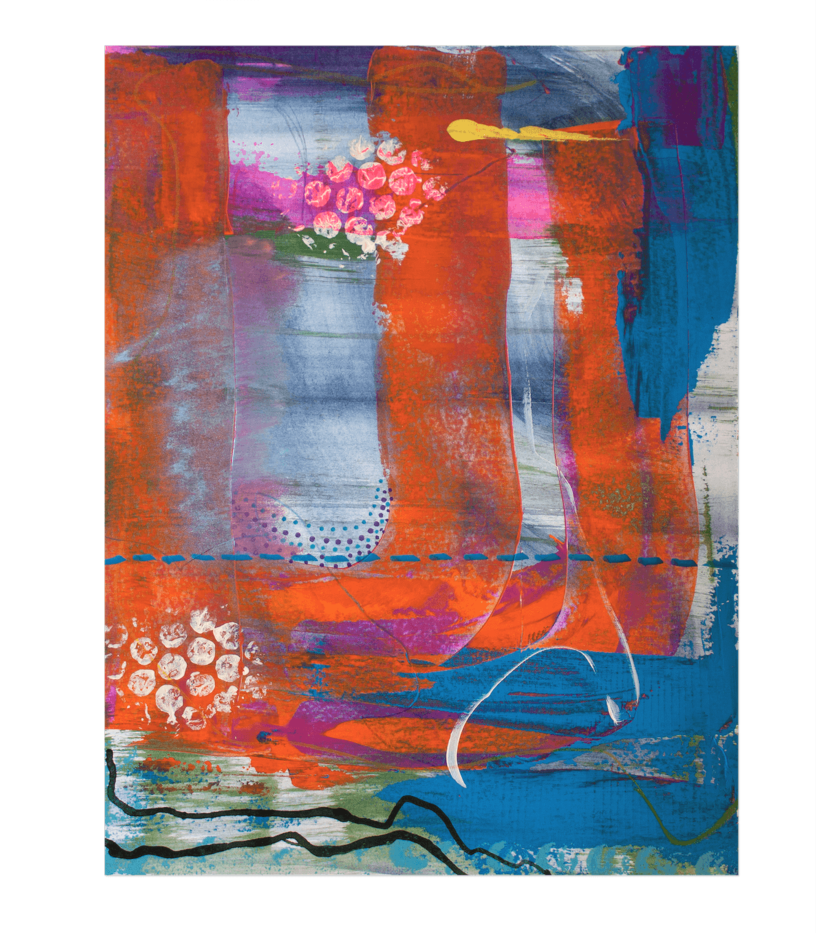 Abstraktes Gemälde mit leuchtend orangen, rosa, blauen und lila Farbflecken, Linien und Texturen.