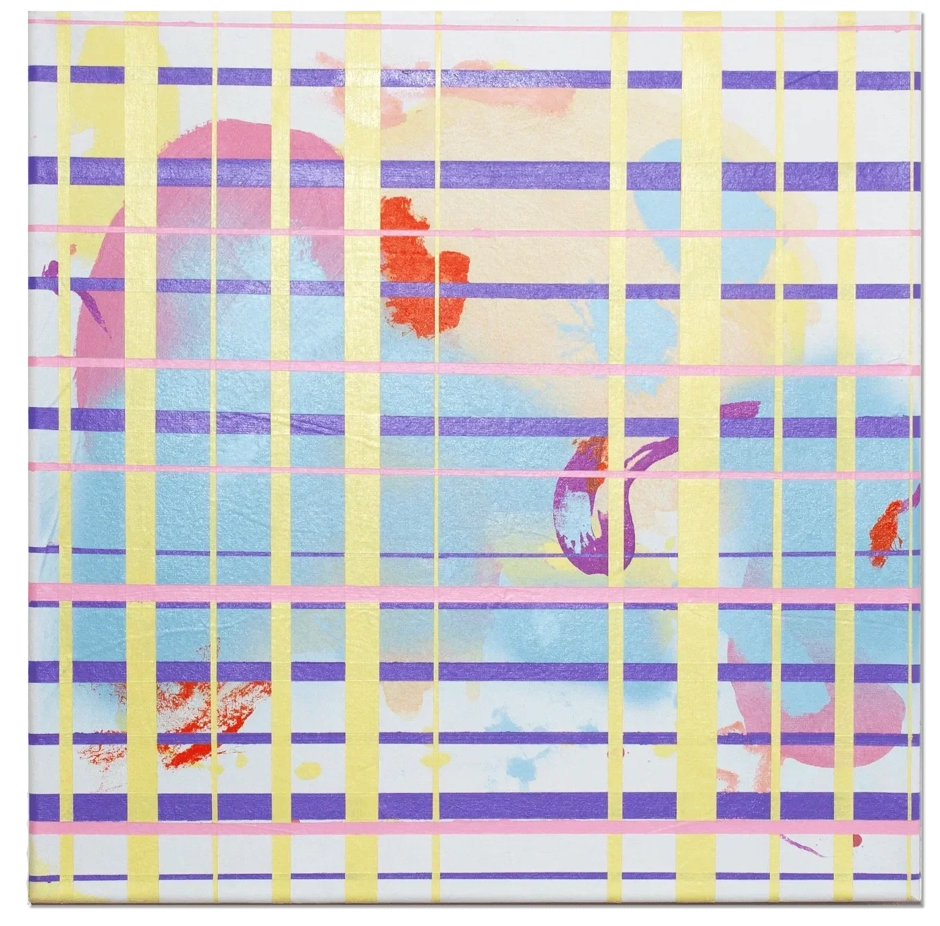 Abstraktes Gemälde mit bunten Pastellfarben, Gittermuster und Pinselstrichen, die hauptsächlich in Blau, Pink, Gelb, Lila und Rot gehalten sind.