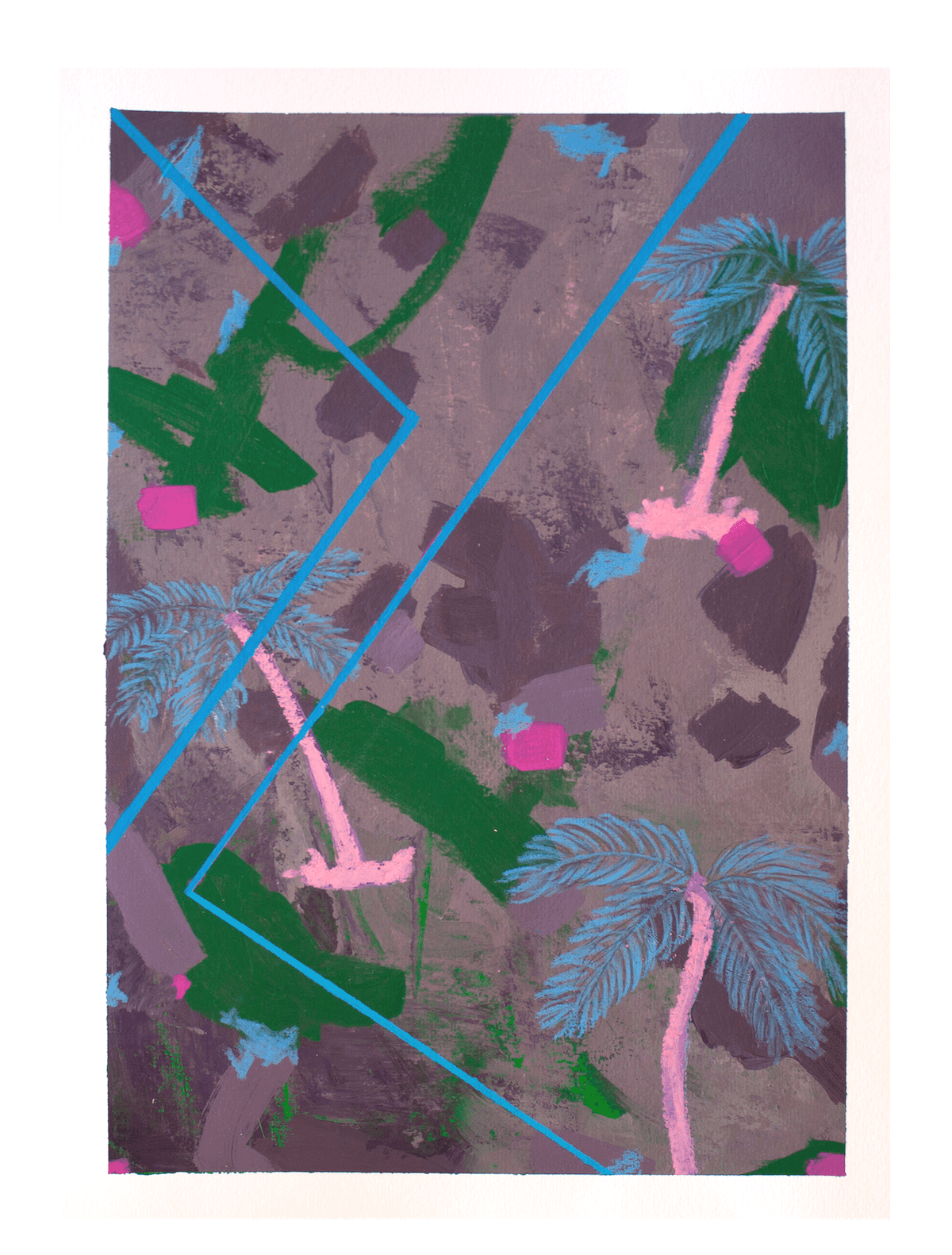 Eine abstrakte Illustration mit Palmen, Blättern und geometrischen Linien in Pastellfarben auf einem braunen Hintergrund.