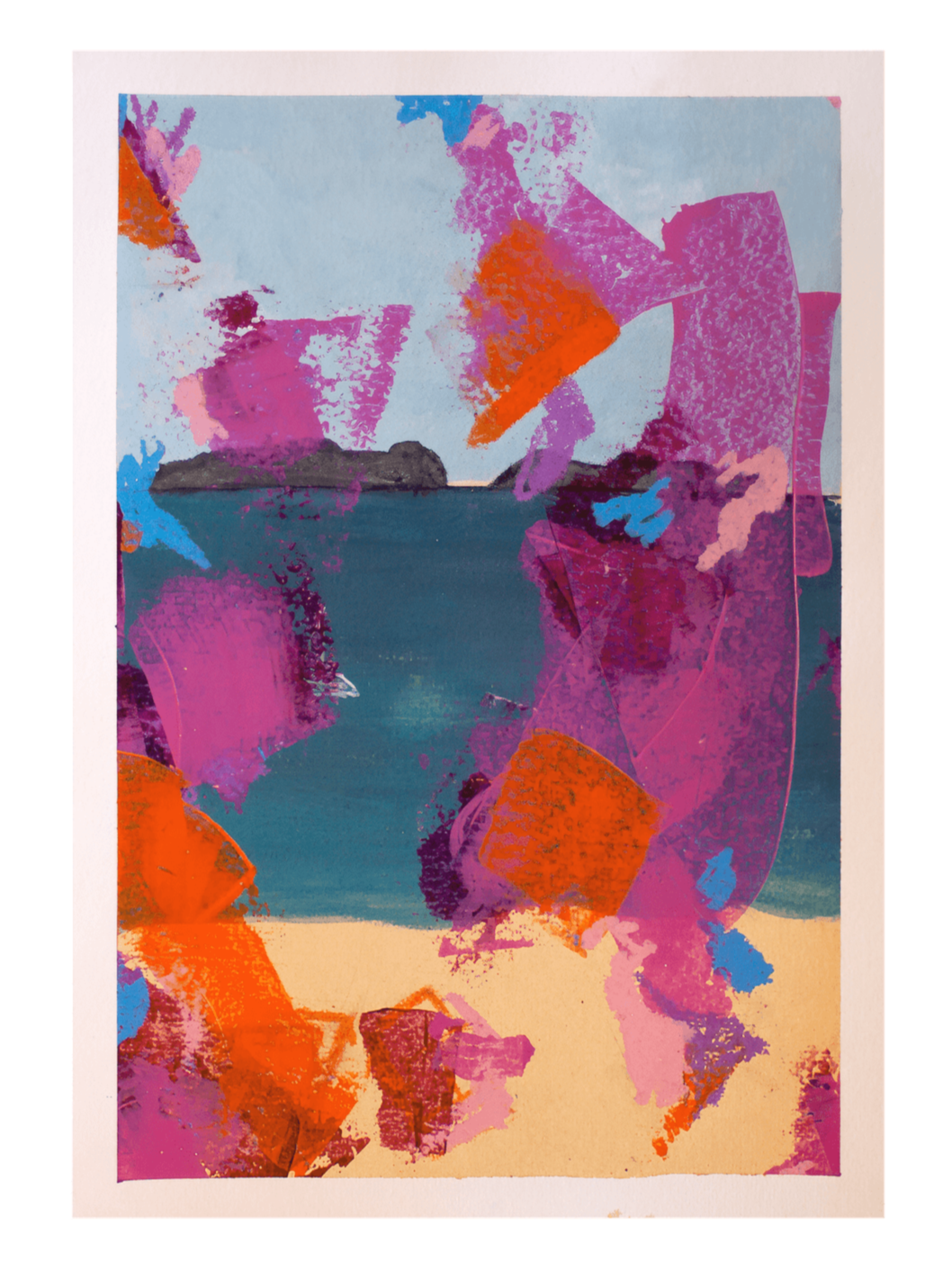 Abstraktes Gemälde einer Küstenlandschaft mit Wasser, Felsen und bunten Farbklecksen in Rosa, Orange, Blau und Lila.