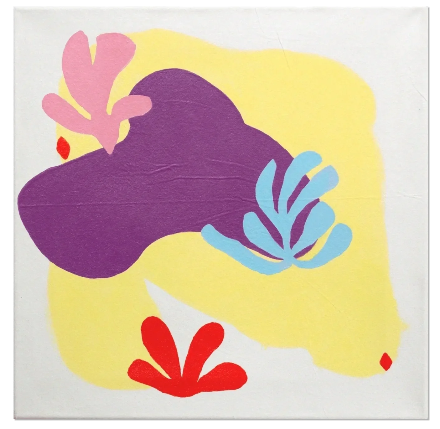 Abstrakte bunte Illustration mit großen lila, rosa, blaue und rote Formen auf gelbem und weißem Hintergrund.