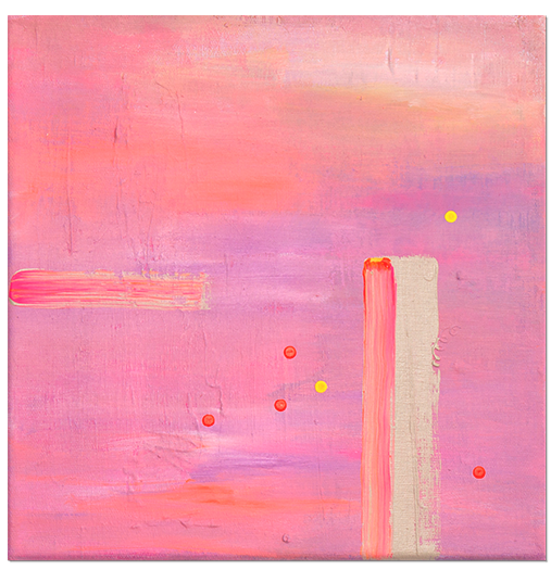 Abstraktes Gemälde mit rosa, pinken und orangenen Farbflächen und mehreren Punkt- und Linienmustern.