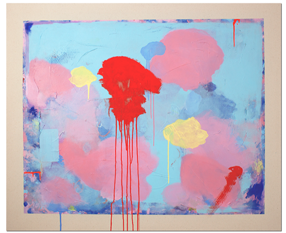 Abstraktes Gemälde mit bunten Wolken in Pink, Blau, Gelb und Rot, einige Farbkleckse und Farbverläufe.