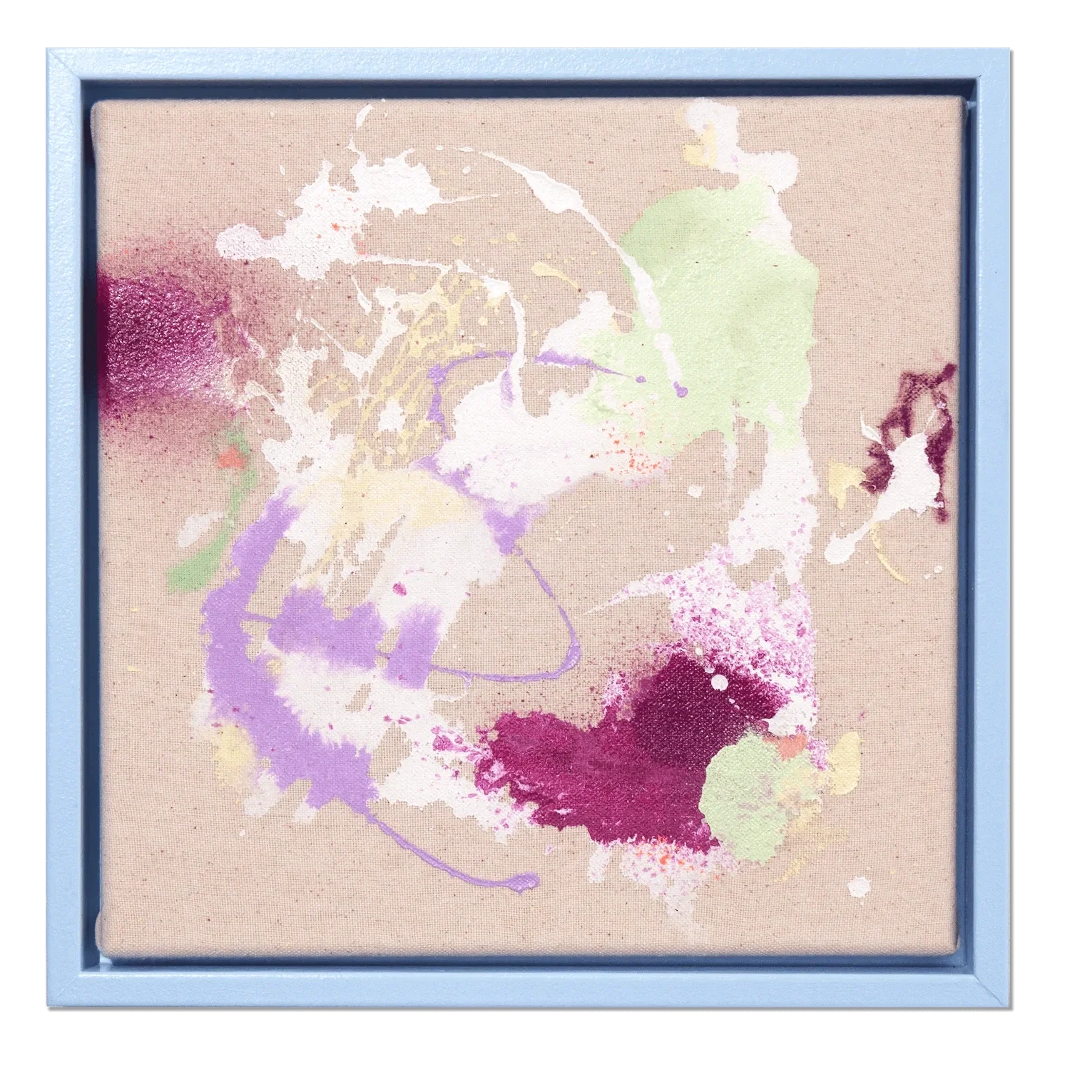 Abstrakte Kunst mit Pastellfarben, Spritzern und Streifen in einem blauen Rahmen