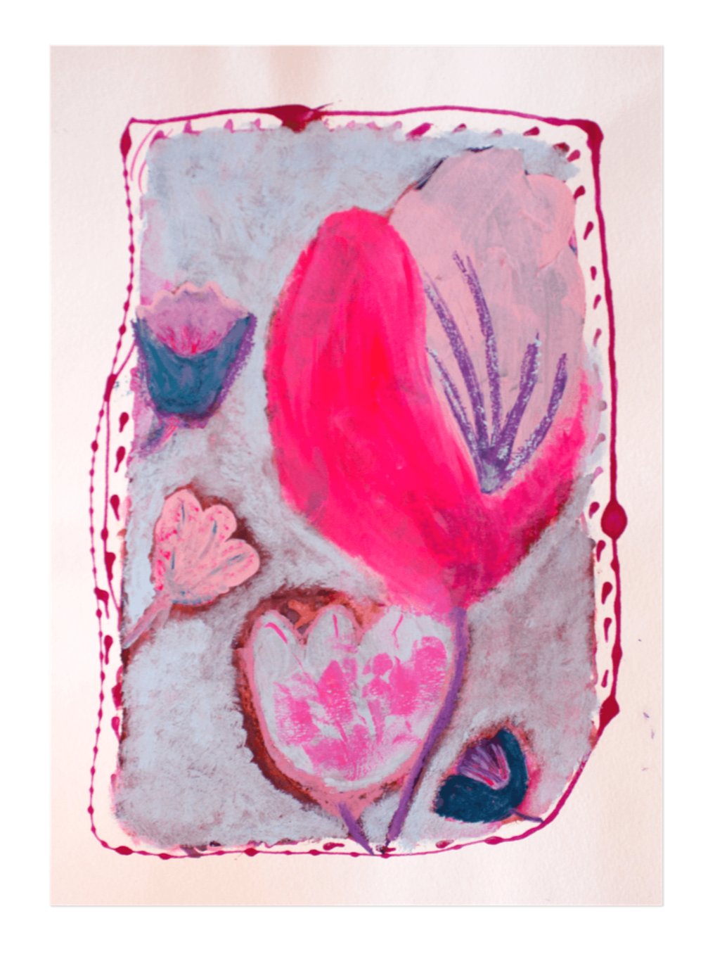 Aquarellbild mit pinken, purple und blauen Blumen und Herzen, eingerahmt mit roten Linien.