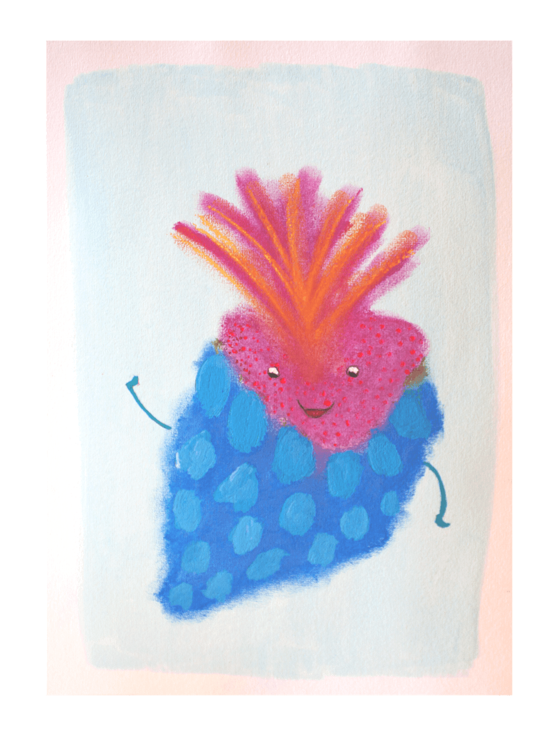Eine fröhliche, anthropomorphe Beere mit einem lachenden Gesicht, blauen Beeren, roten Samen, und orangener Frucht an der Spitze, die wie Haare aussieht, auf weißem Hintergrund.
