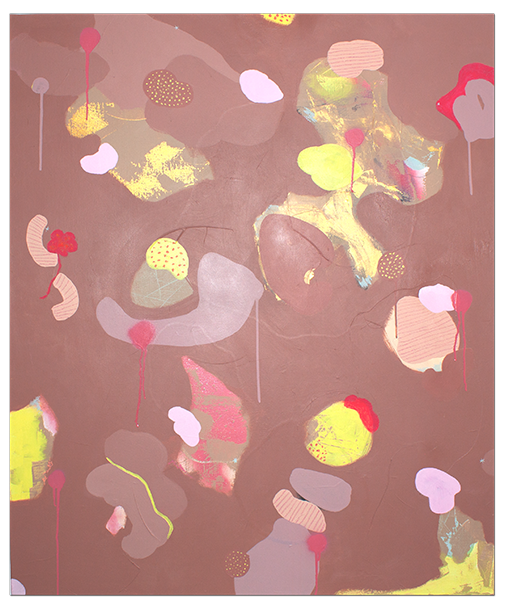 Abstraktes Kunstwerk mit Pastellfarben, goldenen Akzenten und Formen, die wie Wolken, Pusteblumen oder Blüten aussehen.
