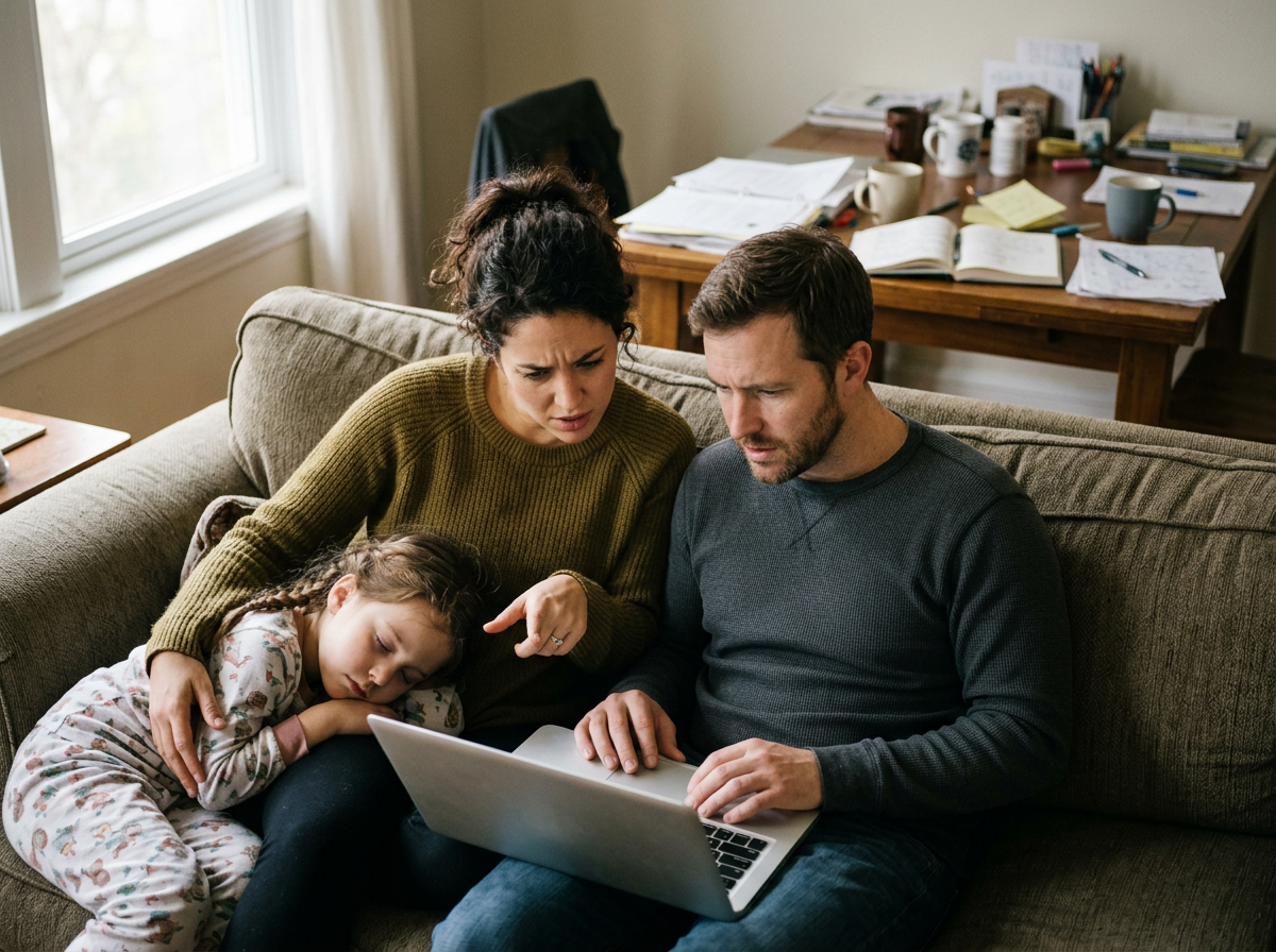 A family trying to understand medical and dental information about their child.