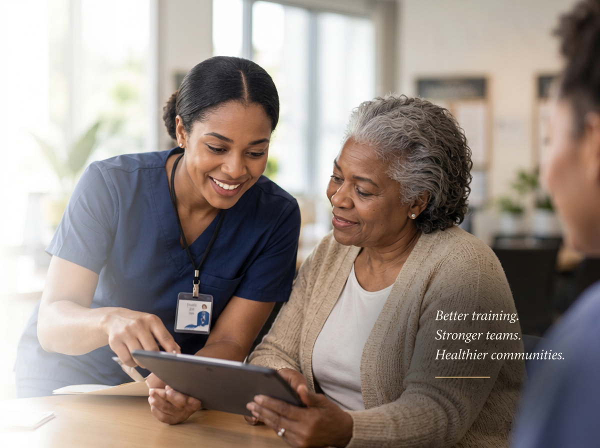 A nurse shows a tablet to an elderly woman, with two other women partially visible in a bright, modern room. Text on the image reads: "Better training. Stronger teams. Healthier communities."