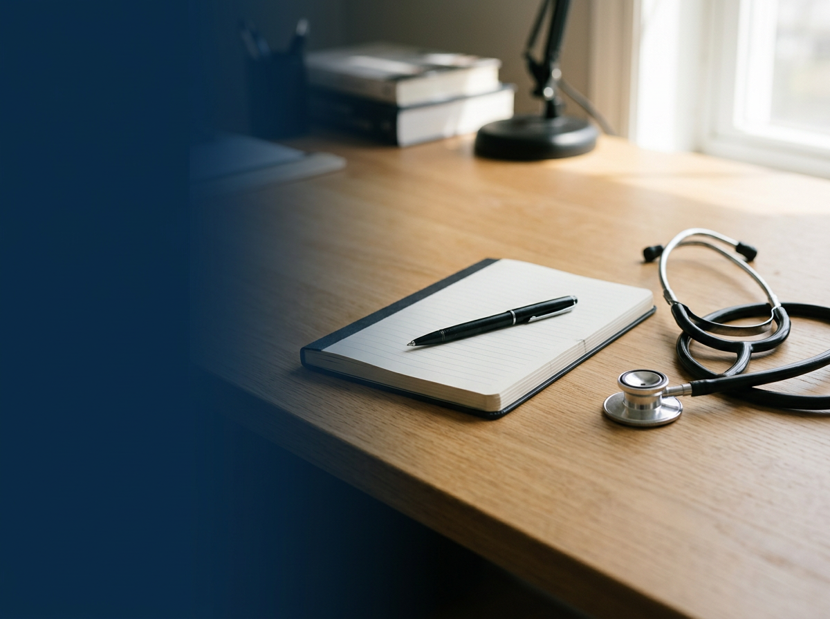 A wooden desk with a stethoscope, a black pen on a lined notepad, books, and a desk lamp, near a window letting in natural light.