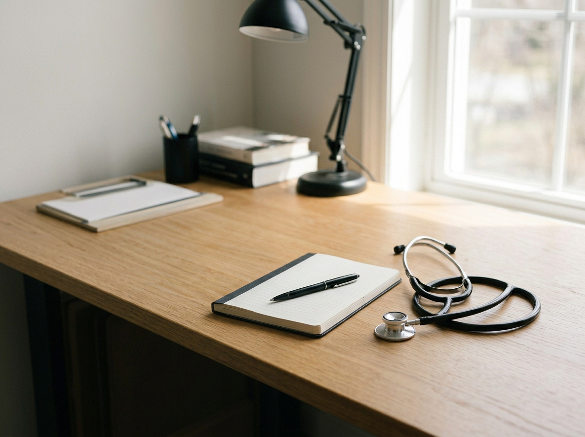 A doctor's desk with a stethoscope, a notebook and pen, a desk lamp, and stacked folders by a window