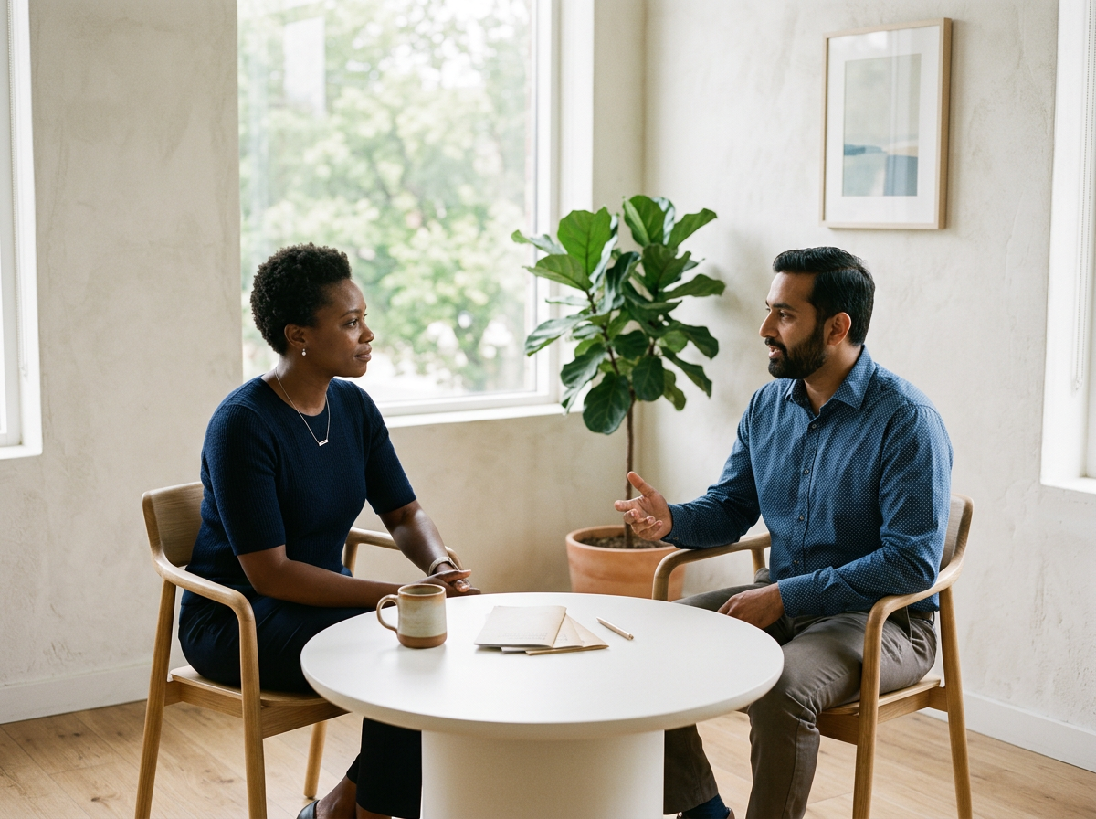 A man and woman sitting across from each other at a round white table, engaging in conversation in a bright room with large windows, a potted plant, and framed artwork on the wall.