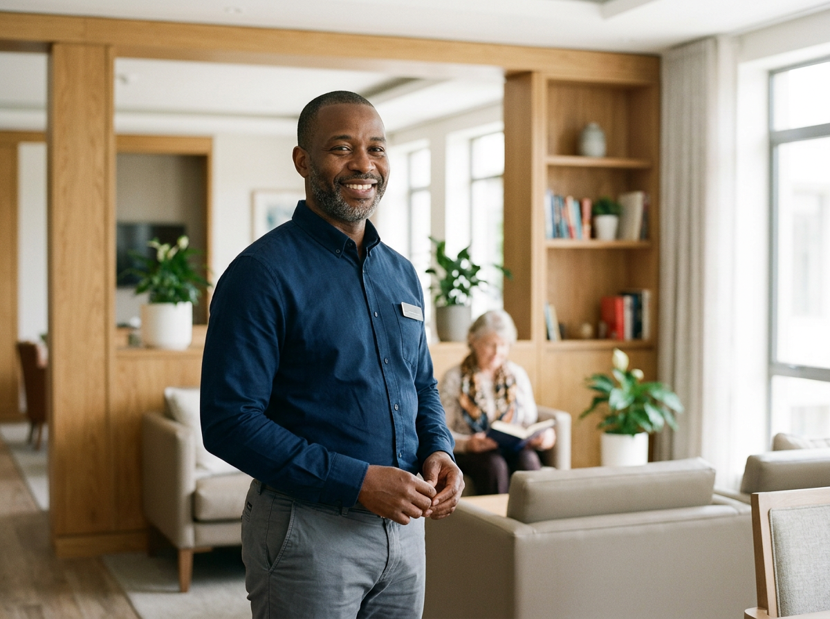 A smiling man in a navy blue shirt and gray pants standing in a well-lit living room with a woman reading on a sofa in the background.