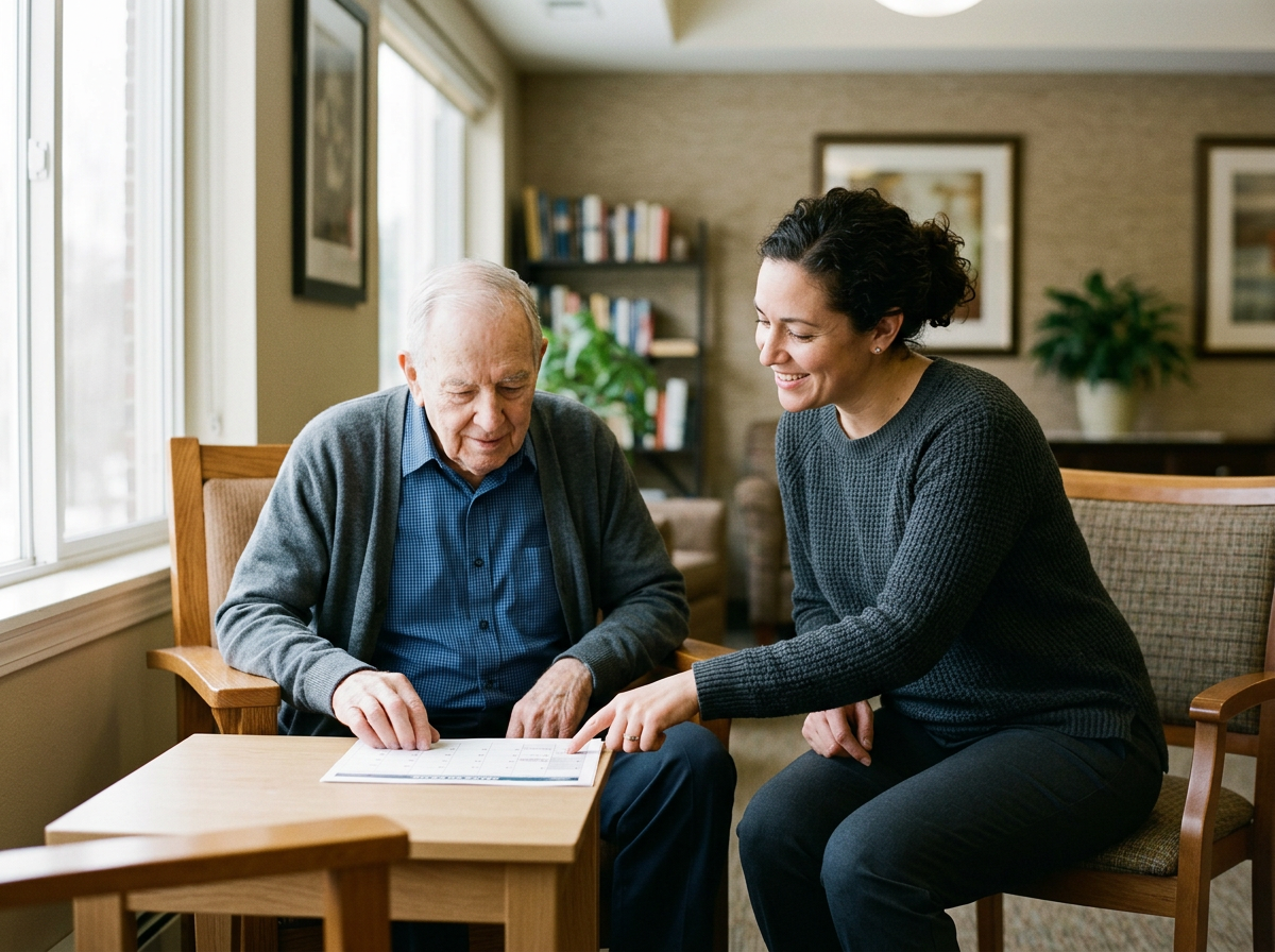 A woman with short dark hair and a gray sweater smiling as she looks at a calendar on a wooden table with an elderly man with white hair, blue shirt, and gray cardigan, in a cozy living room.