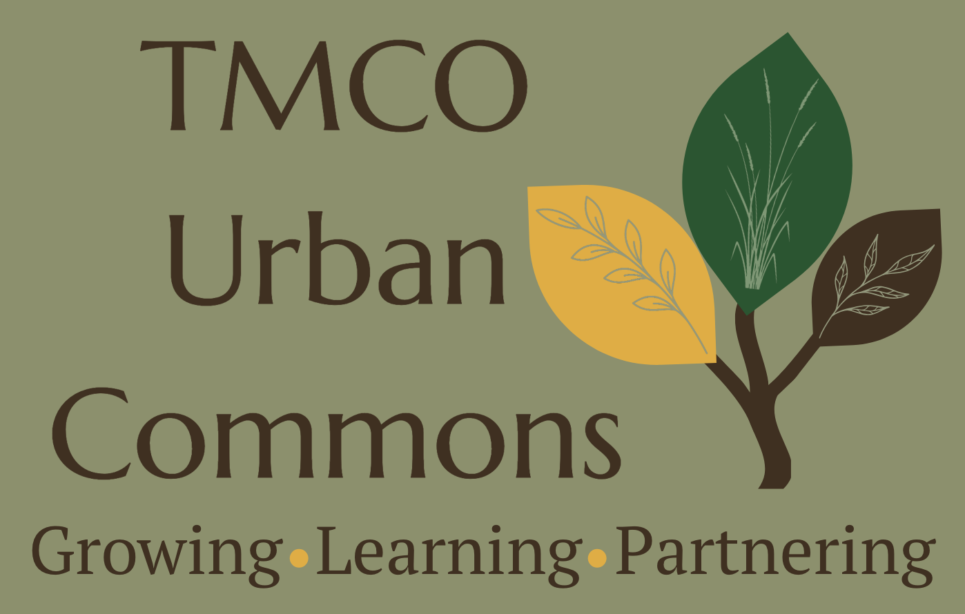 Logo for TMCO Urban Commons with three colored leaves and text: Growing, Learning, Partnering.