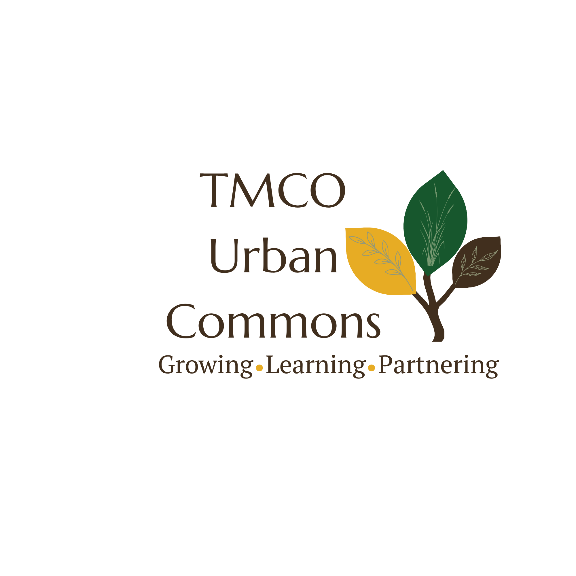 Logo for the Urban Commons, featuring a tree with multicolored leaves in green, yellow, and brown, and text that reads 'The Urban Commons' with the words 'Growing Learning Partnering' underneath.
