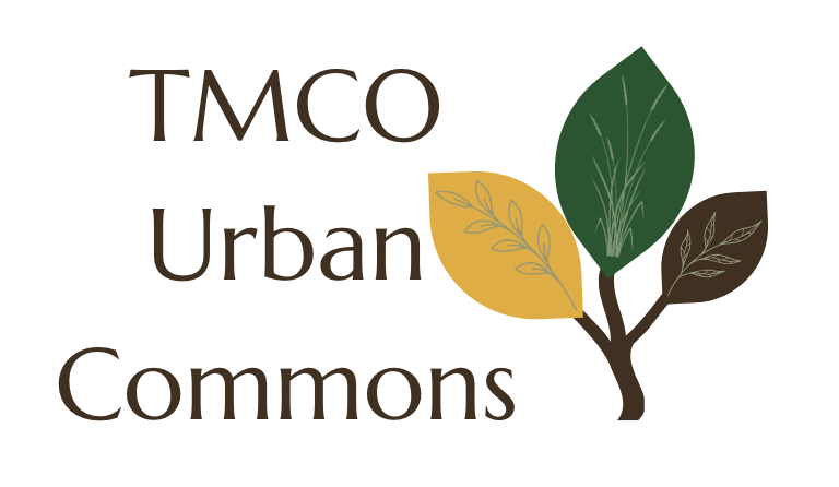 Logo with the text 'TMCO Urban Commons' next to a stylized tree with three leaves in green, yellow, and brown.