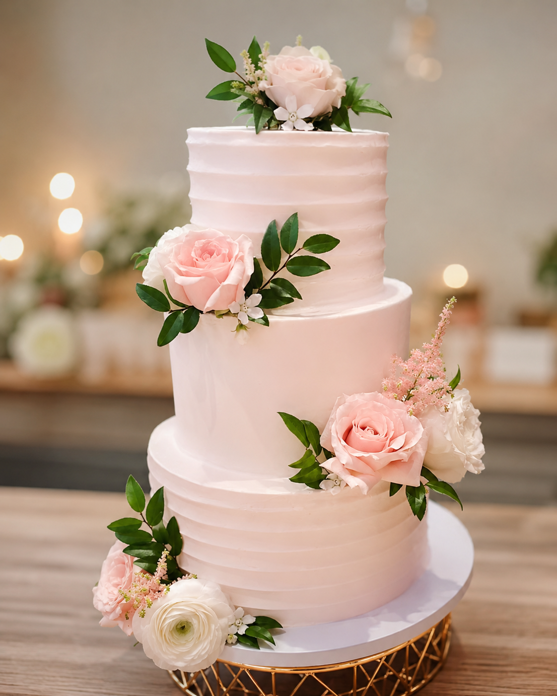 Three-tiered pink wedding cake decorated with light pink and white roses, white flowers, and green leaves, placed on a gold wire stand.