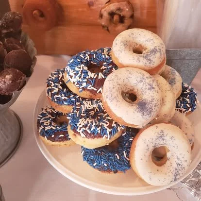 A plate of assorted donuts with blue and white icing, sprinkles, and some with powdered sugar.