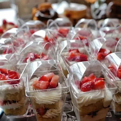 Clear plastic cups filled with layered strawberry shortcake dessert, topped with fresh strawberries.