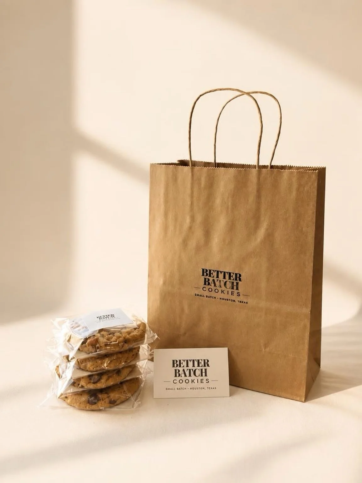 Better Batch Cookies packaging with fresh chocolate chip cookies in Houston, Texas