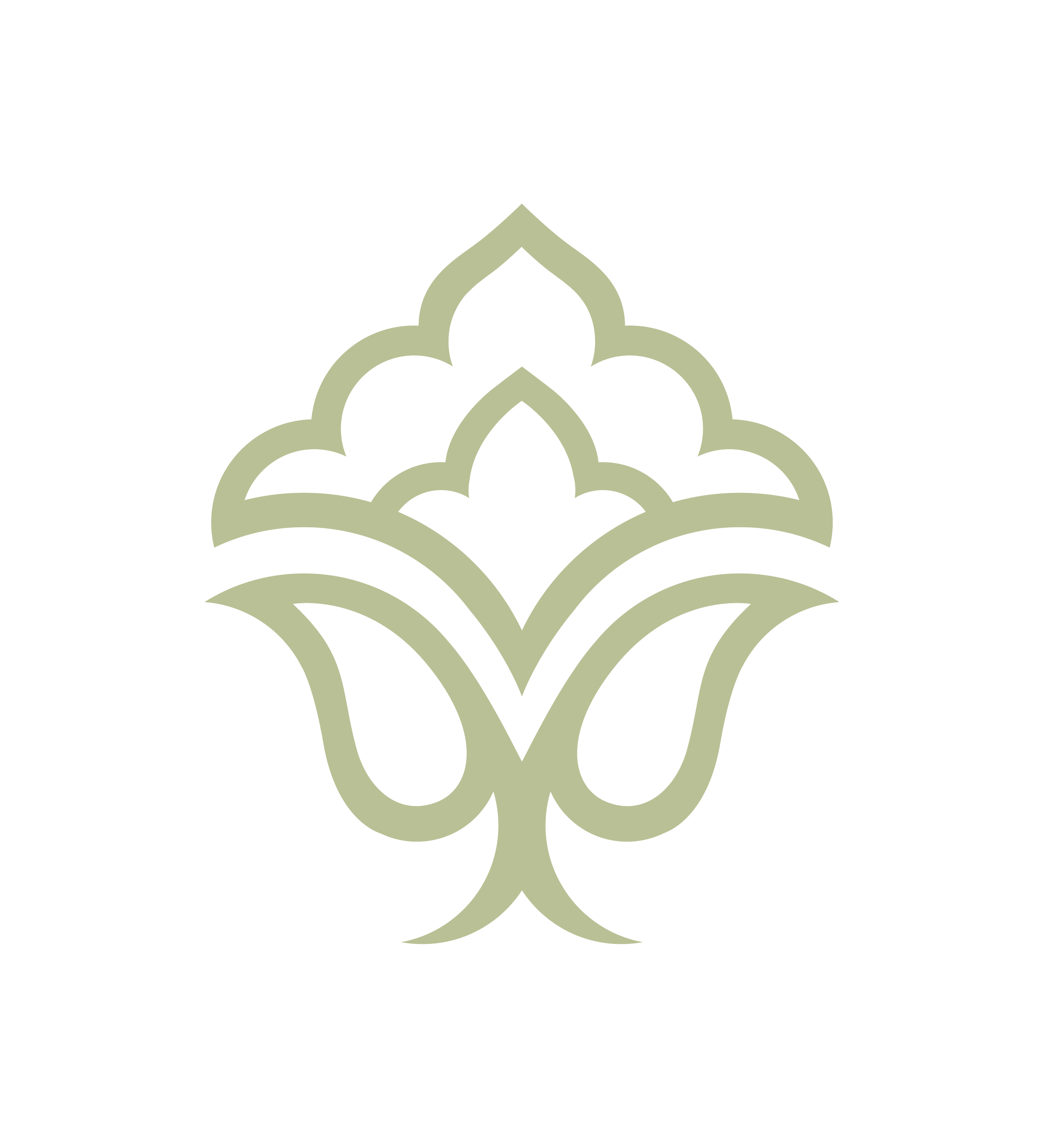 Stylized logo resembling a symmetrical, ornate floral motif in light green against a black background.
